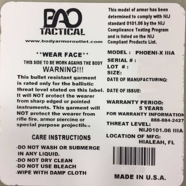 BAO Tactical's X-Series IIIA body armor - label